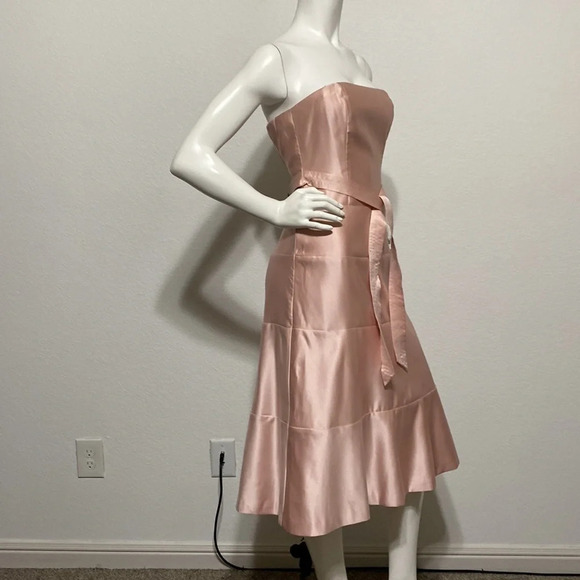 BCBGMaxAzria Pink Satin Strapless Belted Midi Dress Size 2 - Picture 3 of 4